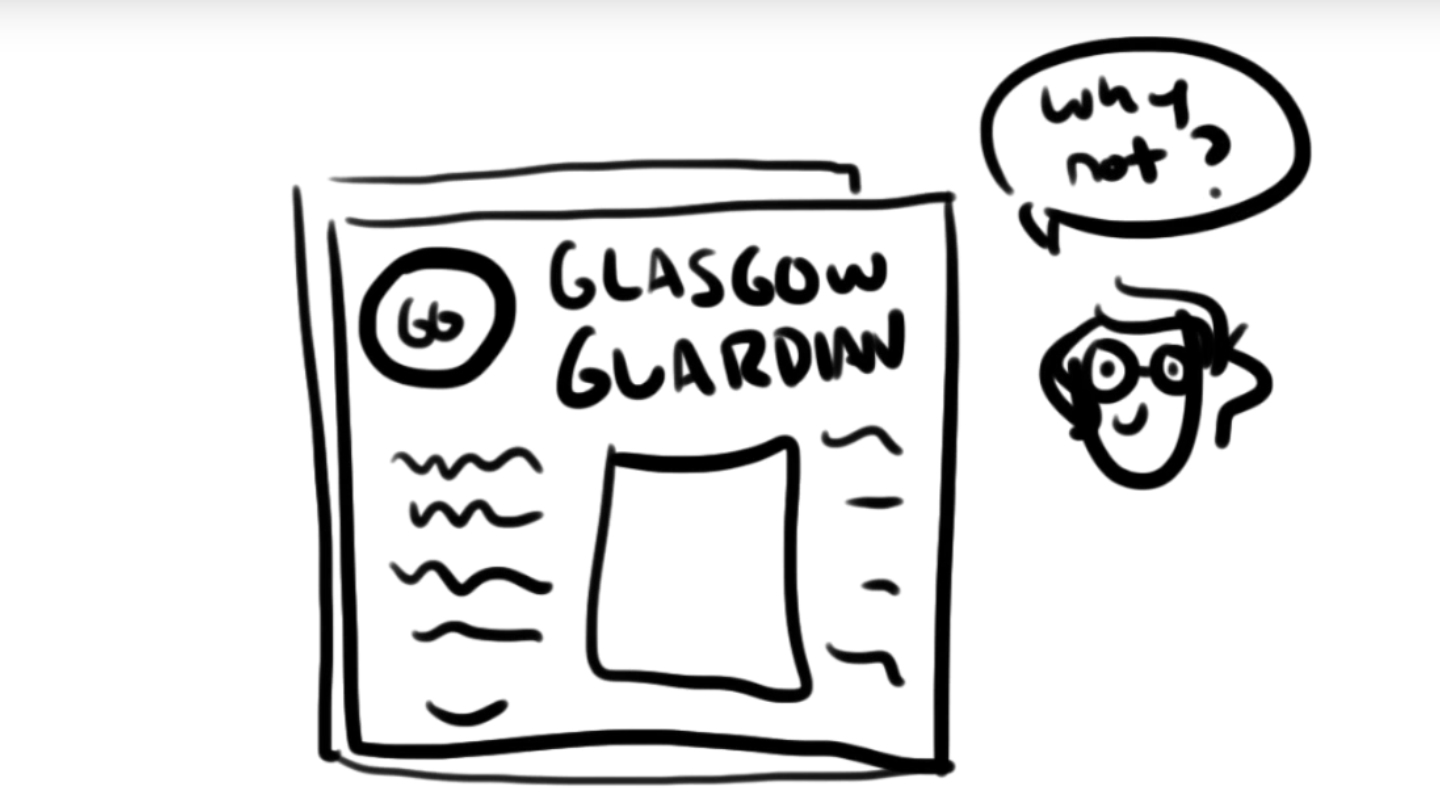 Rutgers Global - Study Abroad Animated Testimonial, screen shot of stick figure head next to drawing of Glasgow newspaper