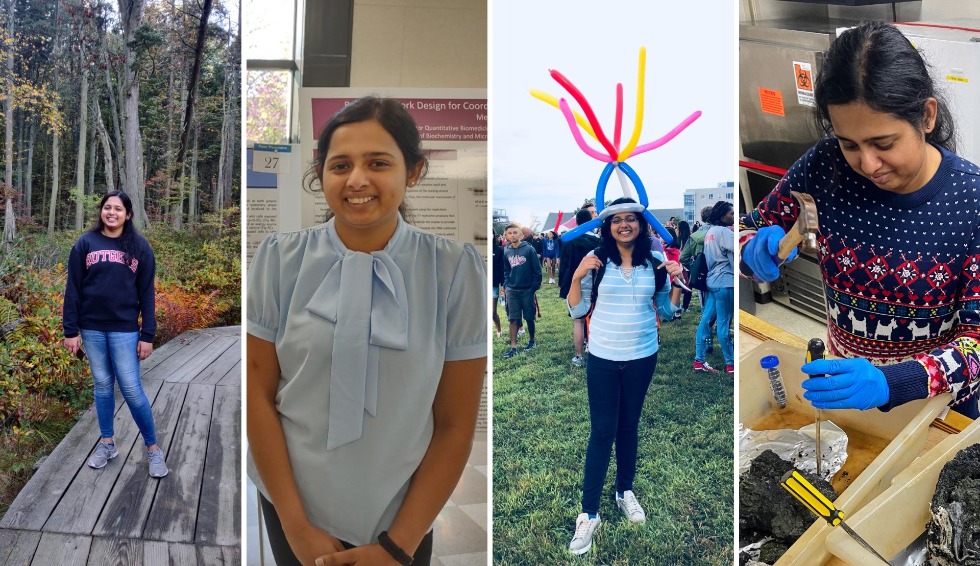 Four photos of Avanthika Bharath, international student at Rutgers
