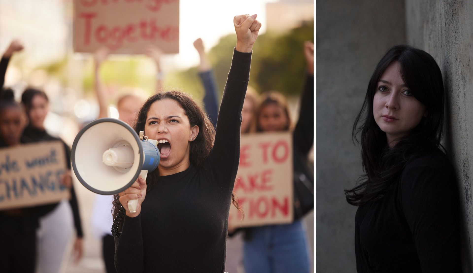 Stock image of women protesting, head shot of Cathy Otten