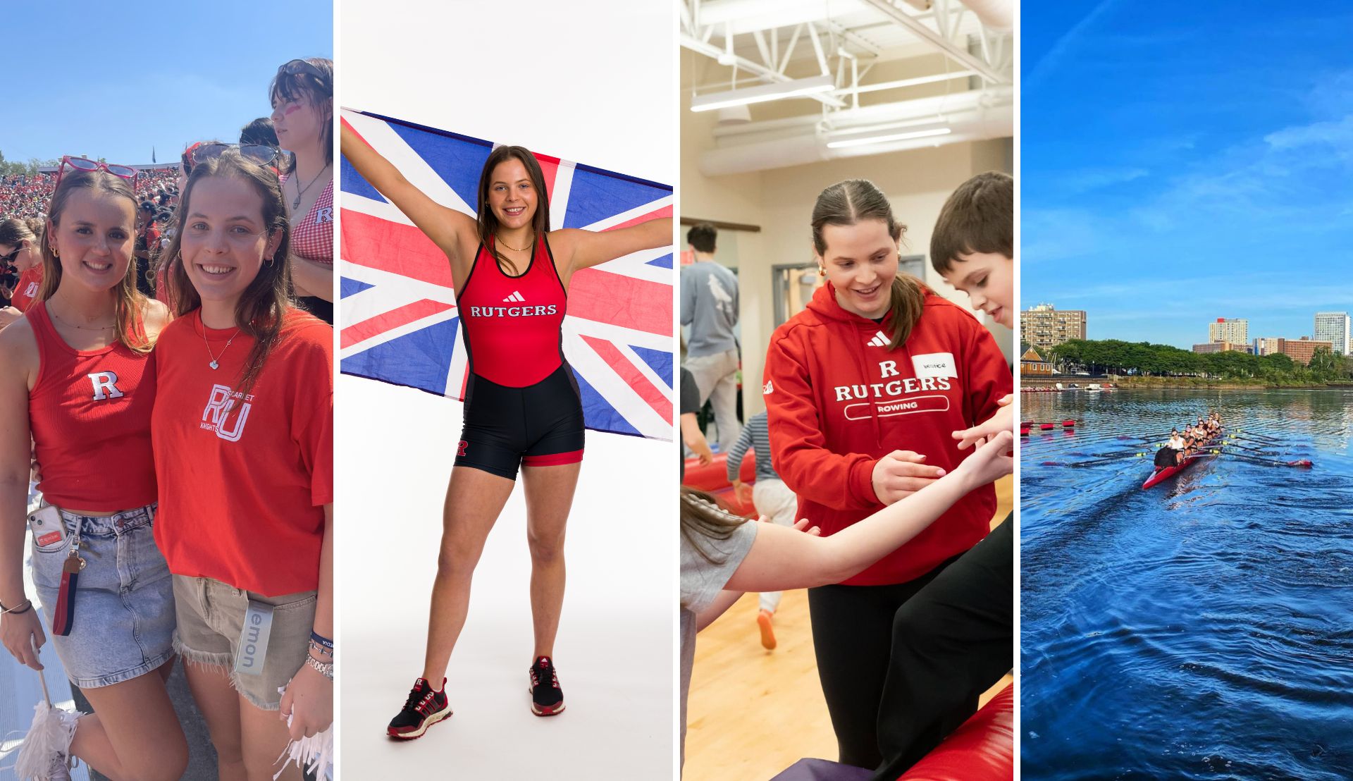 Four photos featuring international student Beatrice Colclough: at football game, rowing, volunteering