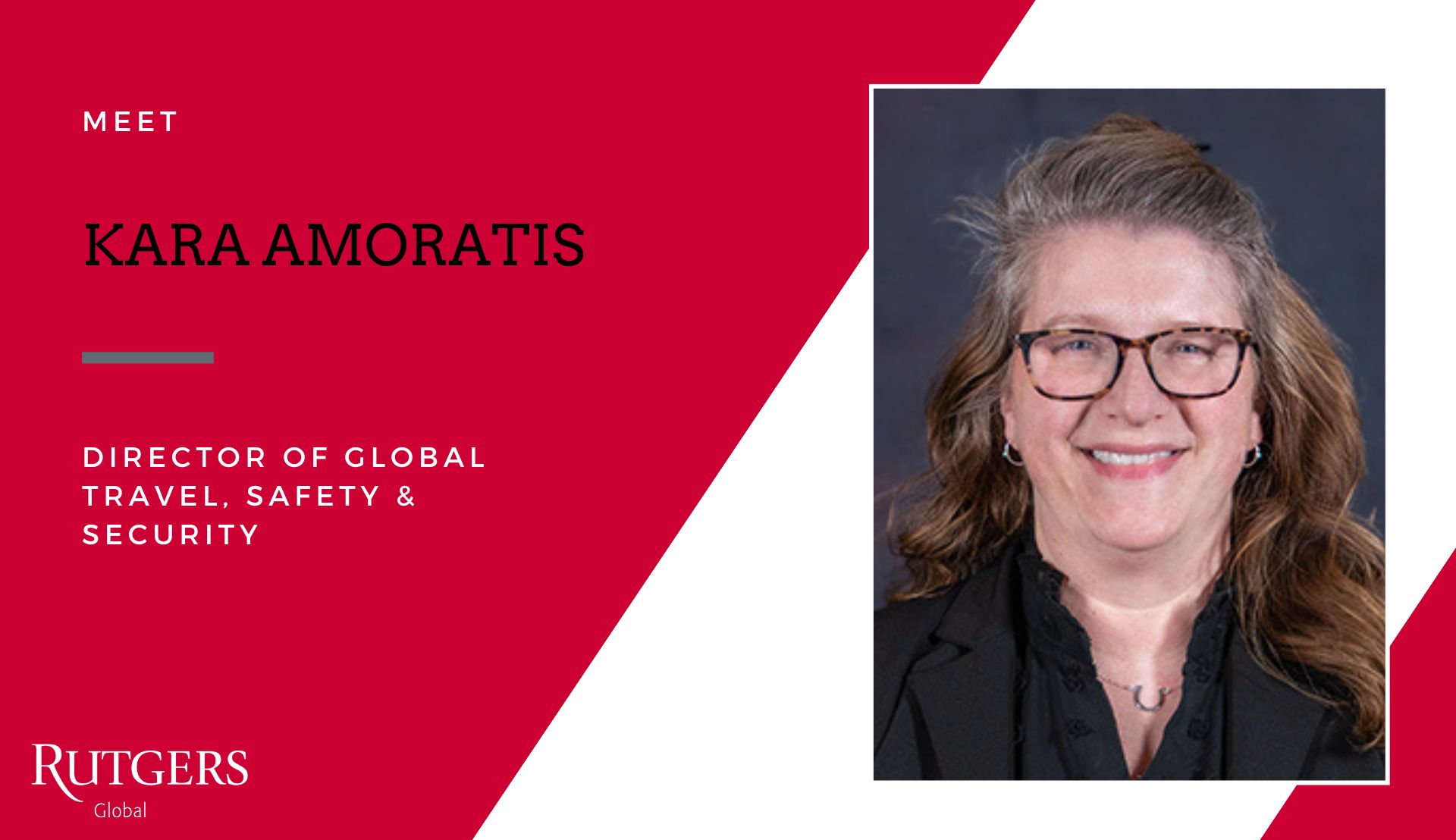 Graphic banner with headshot of Kara Amoratis, Director of Global Travel, Safety & Security
