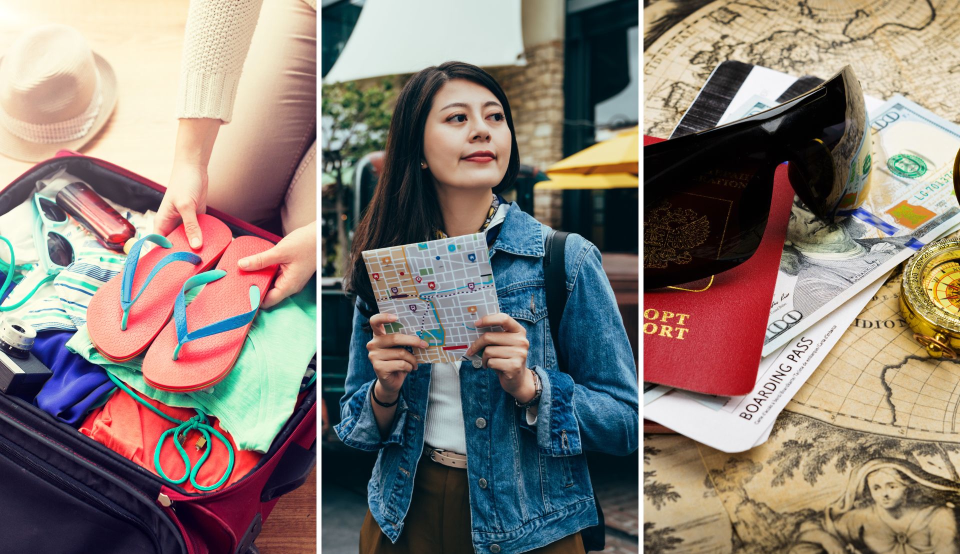 Packing Hacks Banner, 3 images of packing, woman traveler, passport & sunglasses