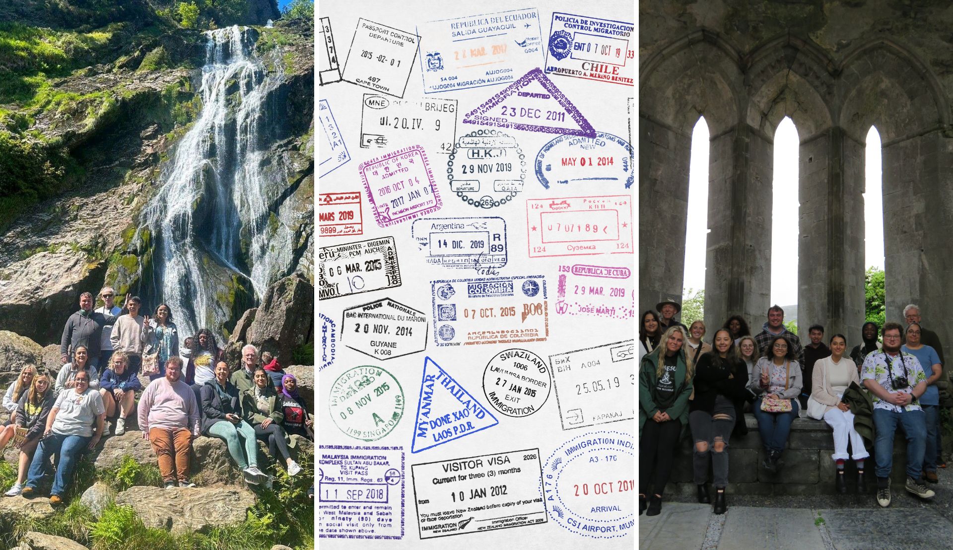 Study abroad students at a water fall and in a church in Ireland, and a stock photo of passport stamps