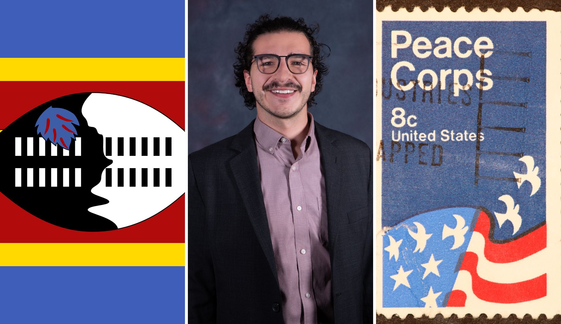 Peace Corps Recruiter Banner image: Eswatini flag, Pablo Arenas Gallo, Peace Corps stamp