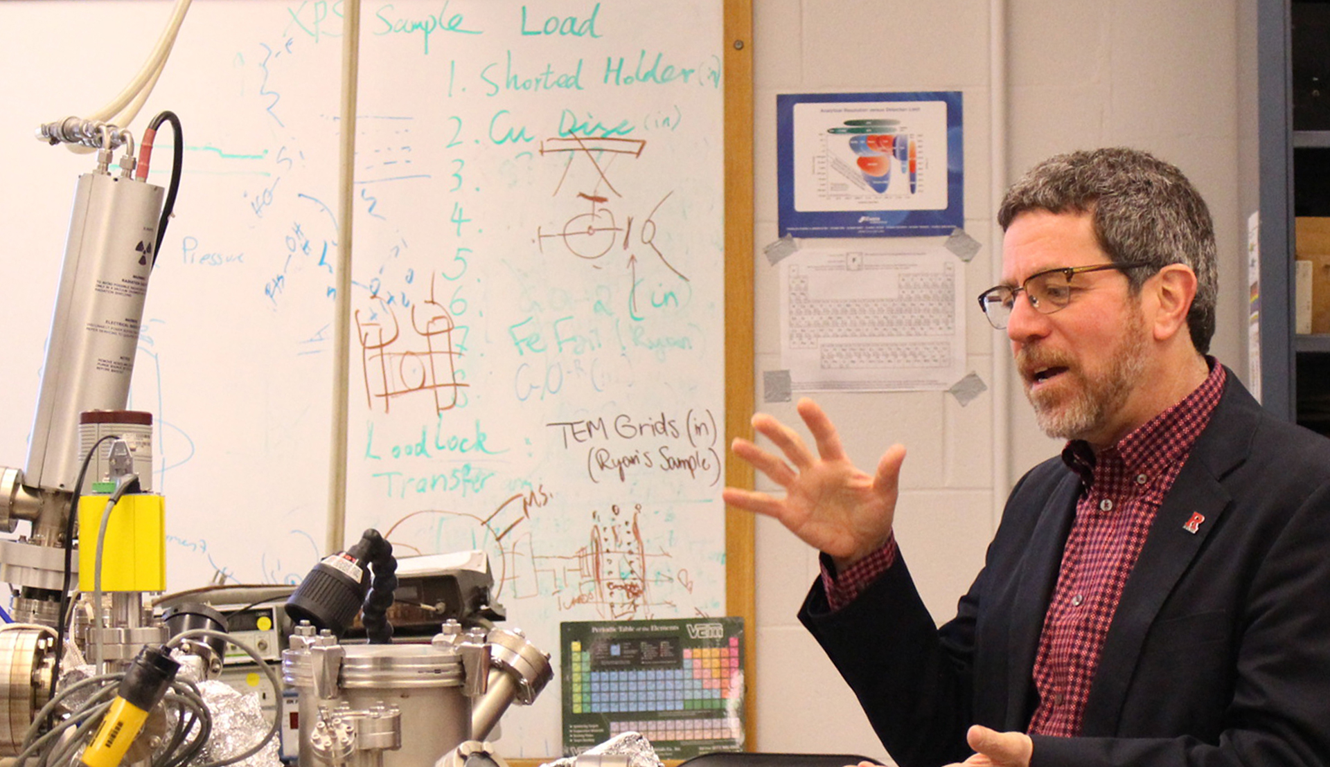 Rutgers Global – Vice President for International and Global Affairs and chemistry professor Eric Garfunkel explaining key functions in his lab on Busch Campus
