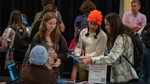 Students looking at information at Study Abroad Fair