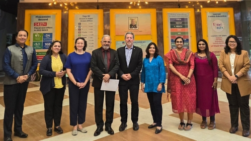 This image features a formal gathering of representatives from Rutgers University and their Indian collaborators during a delegation visit in early 2025. The group is positioned in front of an informative backdrop highlighting institutional achievements, fostering a professional and collaborative atmosphere. The visit signifies Rutgers’ ongoing commitment to international partnerships and academic exchange in India.