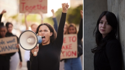 The image combines two powerful visuals: on the left, an activist passionately addresses a crowd through a megaphone during a demonstration, conveying a sense of urgency and solidarity. On the right, a contemplative portrait of a woman against a textured wall contrasts with the energy of the protest, offering a moment of quiet reflection. Together, the images highlight themes of activism, advocacy, and introspection.