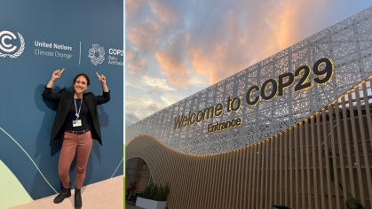 This image features two distinct moments from COP29, held in Baku, Azerbaijan. On the left, Danielle Falzon, representing Rutgers University, poses enthusiastically in front of a backdrop displaying the United Nations Climate Change logo and COP29 branding. On the right, the grand entrance of the COP29 venue is beautifully captured at sunset, showcasing the event’s architectural design and the welcoming message. These visuals underscore Rutgers’ active participation in global climate change discussions and 