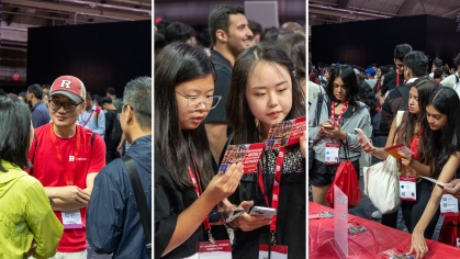 This collage shows moments from an International Student Orientation event, including participants engaged in conversations, examining brochures, and exploring informational materials.
