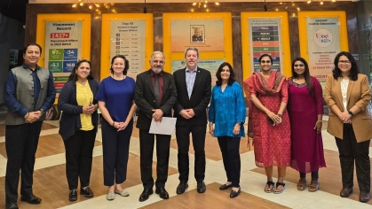 This image features a formal gathering of representatives from Rutgers University and their Indian collaborators during a delegation visit in early 2025. The group is positioned in front of an informative backdrop highlighting institutional achievements, fostering a professional and collaborative atmosphere. The visit signifies Rutgers’ ongoing commitment to international partnerships and academic exchange in India.