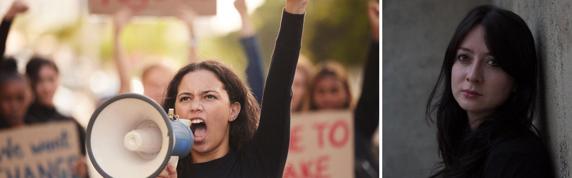 Stock image of women protesting, head shot of Cathy Otten