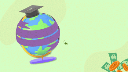 A colorful illustration of a globe wrapped in a purple ribbon with a graduation cap on top, symbolizing education, accompanied by dollar bills and coins in the corner, representing financial aspects of studying abroad.