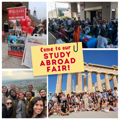 A vibrant collage promoting a “Study Abroad Fair,” featuring scenes of international destinations, group photos of diverse students, and an event setup with informational tables, showcasing opportunities for global learning and cultural exchange.