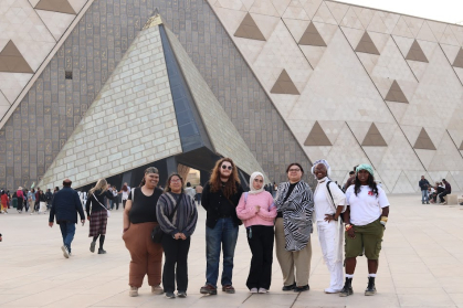 Rutgers students studying abroad in Egpyt in front of museum