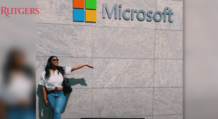 Alana Bennett posing in front of Microsoft building