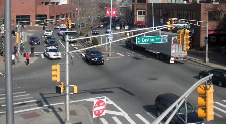Alan M Voorhees Transportation Center, aerial view of Easton Ave at 27 in New Brunswick. Photo by Adam Moss.